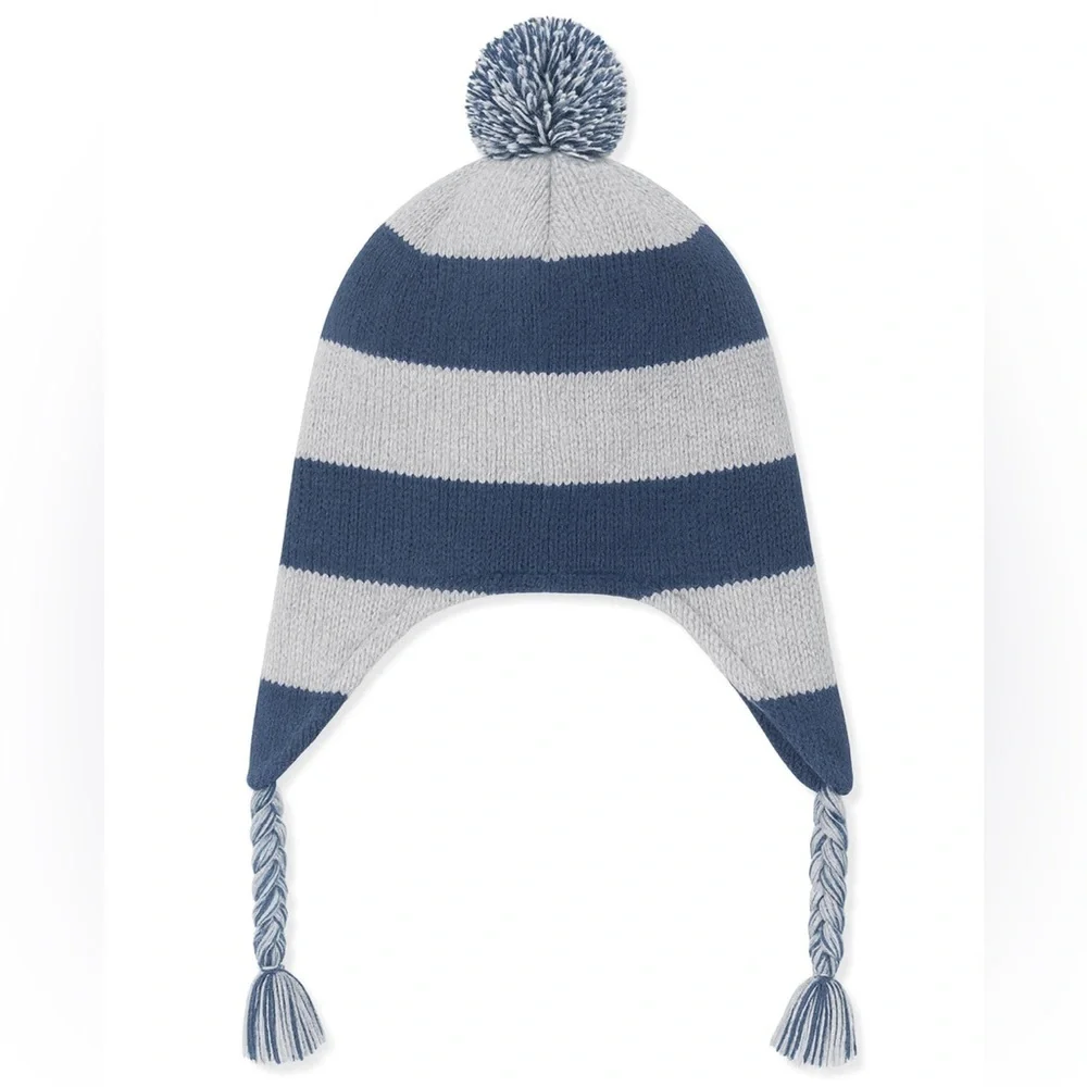 Old Navy Kids Fleece Lined Earflap Hat Navy Gray Stripes Pom Pom Winter Size 5T